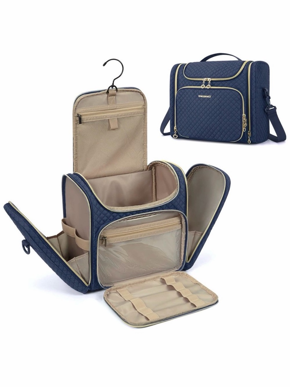 Bagsmart Quilted Navy and Gold Zipper Travel Toiletry Bag New With Tags